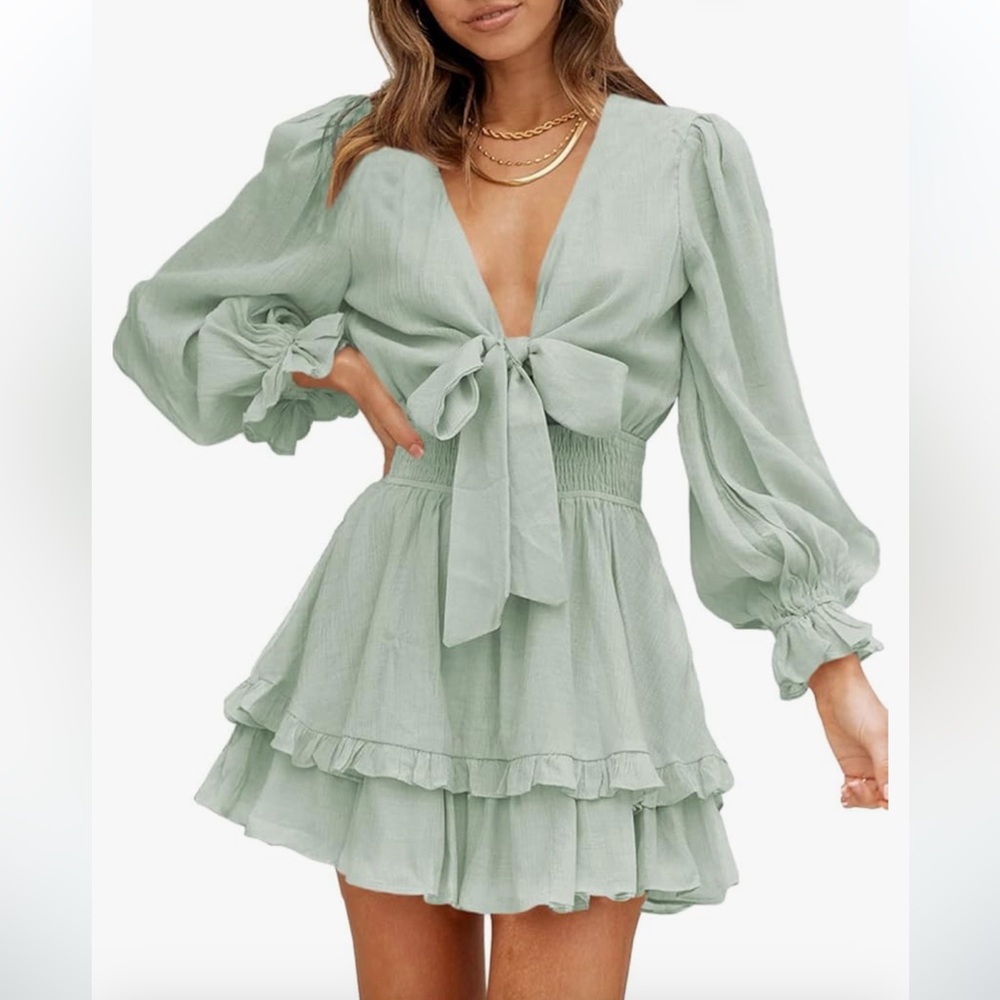 Womens Knot Front V Neck Ruffles Long Sleeve Swing Mini Dress